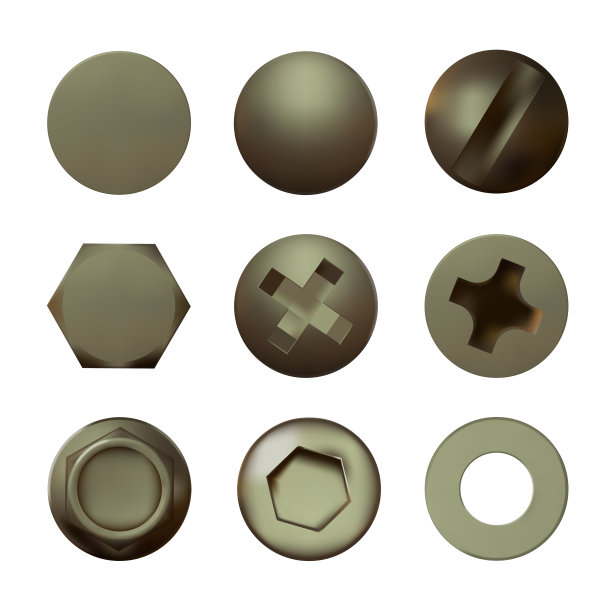 一套金属黄铜螺丝和螺栓矢量图片下载