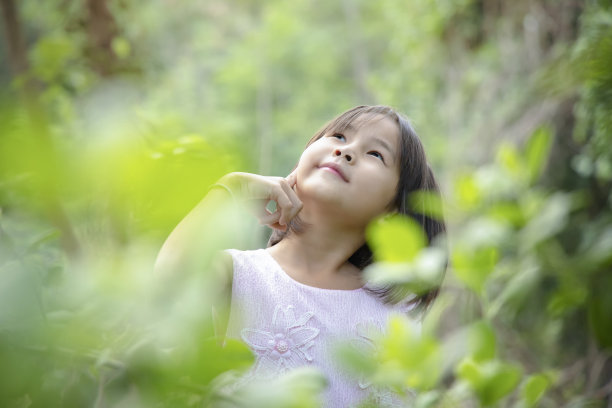 小女孩带着清新自然的森林。图片下载