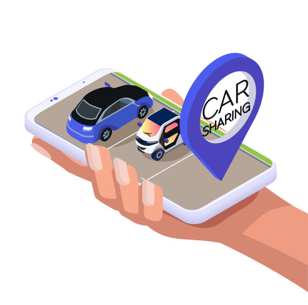 汽车共享移动应用程序。等距平面智能手机在手。白色背景上的插图图片下载