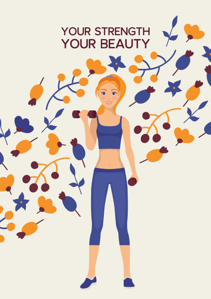 女孩练习哑铃海报矢量插图。你的力量，你的美丽。运动，健身，健美，举重概念-年轻女子与哑铃弯曲肌肉。图片下载