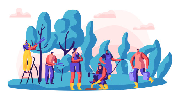 工作中的园丁角色。男人和女人在花园里工作用工具种植树木和植物。有机园艺的概念。矢量平面插图图片下载