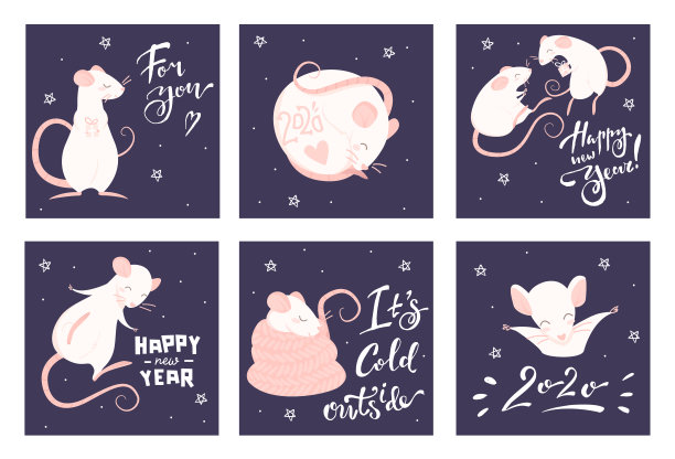 一套带有粉红色老鼠和字体的新年贺卡图片下载