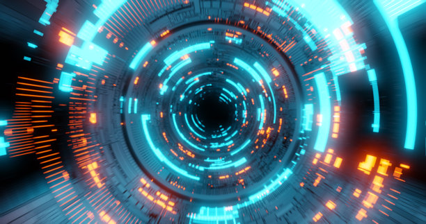 飞进隧道，科幻飞船走廊。未来技术抽象无缝技术标题和背景。图片下载
