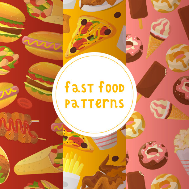 快餐无缝模式矢量插图。下馆子。快速吃饭的方法。披萨，玉米卷，饮料，苏打水，薯条，鸡翅，薯条，甜甜圈，爆米花，面条，汉堡。图片下载