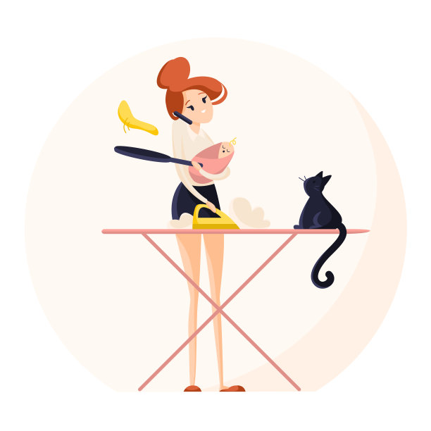 现代女性同时要做很多工作:做饭、洗衣服、抱孩子、讲电话。图片下载