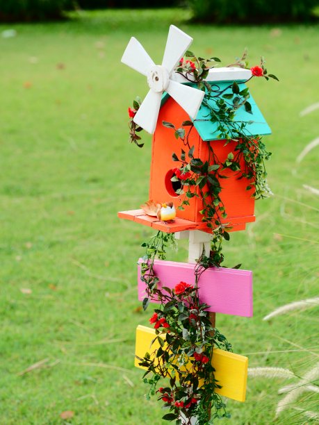 绿色背景中的彩色木鸟屋图片下载