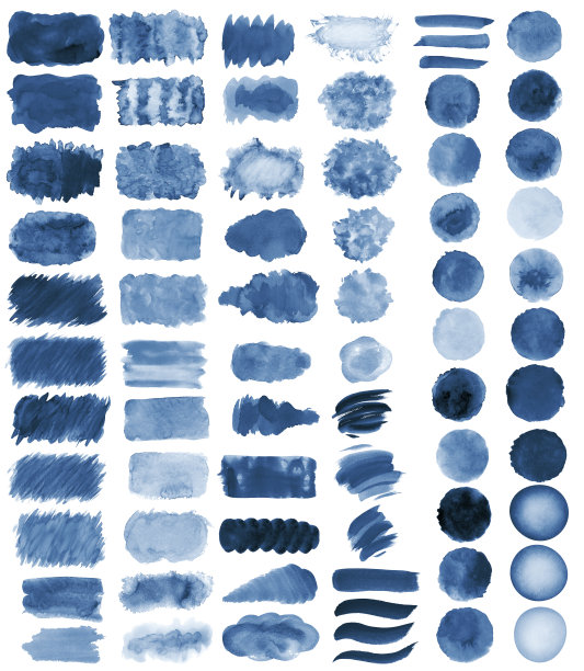 收集手工制作的蓝色水彩画笔，涂抹，斑点，污渍，圆圈，条纹，贴纸，斑点，斑点，滑溜溜，网页按钮，补丁背景创意装饰元素隔离图片下载