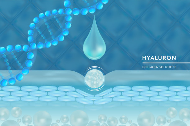 透明质酸皮肤液广告，蓝色胶原蛋白血清滴与化妆品广告背景随时使用图片下载