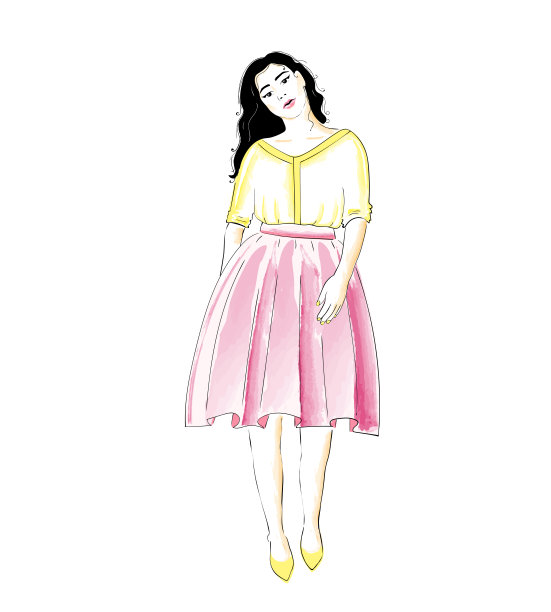 穿着裙子和衬衫或连衣裙的时尚女孩。经典女性风格衣柜图片下载