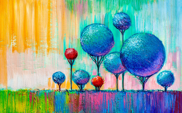 圆的树木,绘画。图片下载