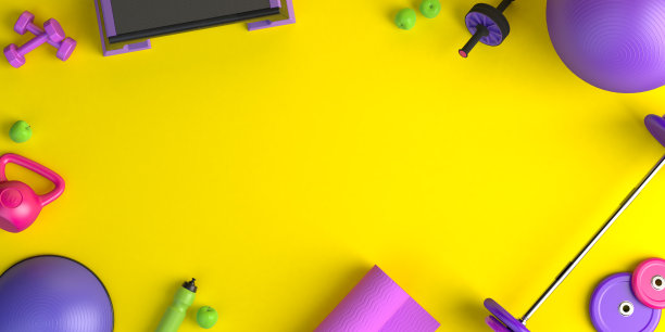 三维插图概念的女性训练运动健身设备。健身球，砝码，哑铃，水瓶，瑜伽垫，踏步台，苹果。图片下载