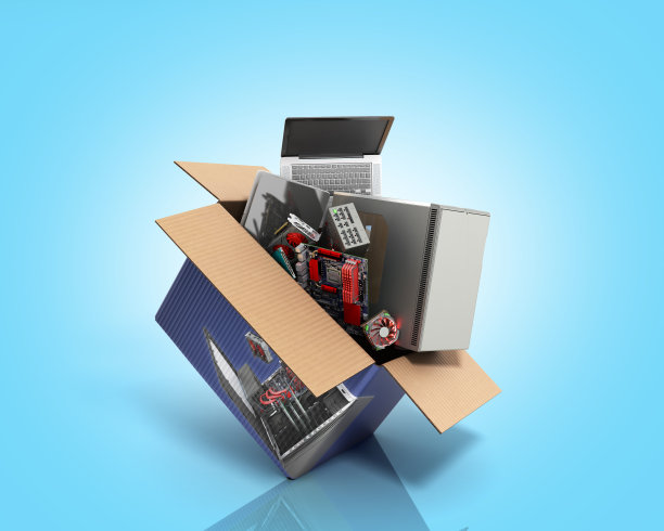 产品类别的概念电脑和配件飞出盒子3d渲染在蓝色梯度图片下载