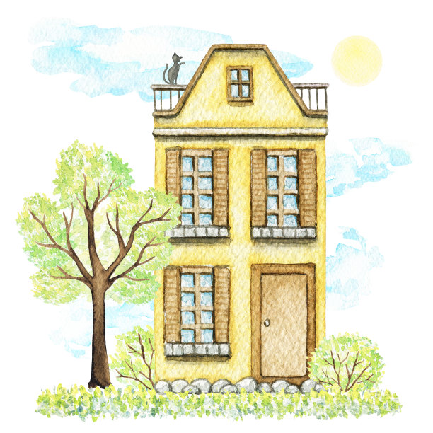 水彩黄色卡通可爱的两层小屋环抱景观图片下载