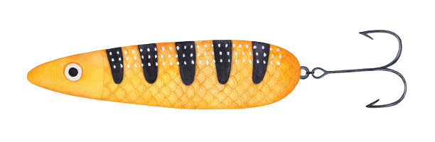 黄色条纹人工鱼饵与黑色金属鱼钩水彩画插图。手绘水彩图形绘画在白色的背景，裁剪裁剪元素的创意设计。图片下载