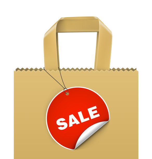 牛皮纸袋与销售标签孤立在白色背景。图片下载