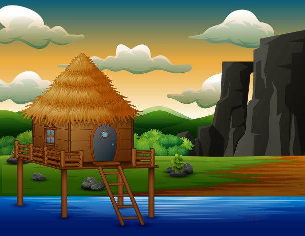 河上的传统小屋图片下载