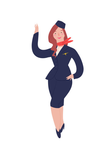 空姐。穿着空姐制服的漂亮女孩。蓝西装，帽子，红围巾。问候了。人物插图孤立在白色背景上。人矢量插图在平面风格。图片下载