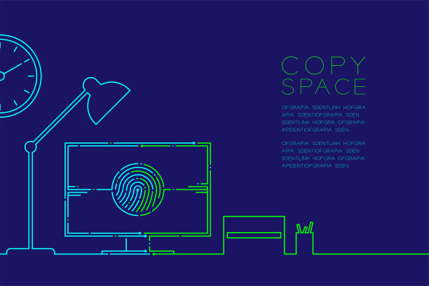 办公场所和电脑与指纹虚线，数字办公概念设计，可编辑笔画插图蓝和绿色孤立在深蓝色的背景与复制空间，矢量eps 10图片下载