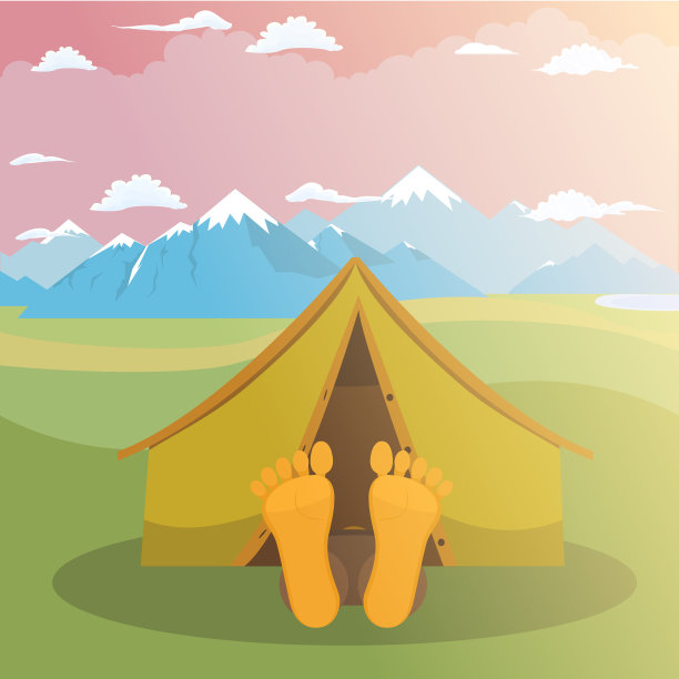 周末露营。人在帐篷里睡觉。山顶、草地景观。矢量插图。图片下载