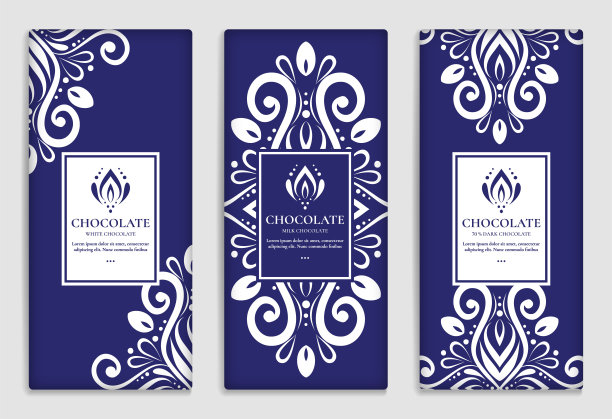 巧克力棒的奢华蓝色包装设计。复古矢量装饰模板。优雅,经典的元素。非常适合食品，饮料和其他包装类型。可用于背景和壁纸。图片下载