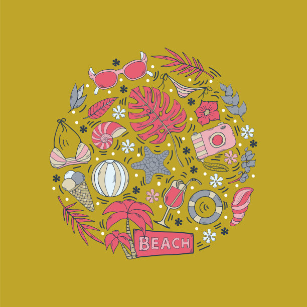 矢量手画夏季元素涂鸦风格，孤立在一个黄色图片下载