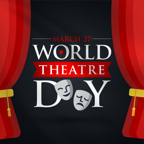 27 Mart Dünya Tiyatrolar Günü。翻译:3月27日，世界戏剧日，概念贺卡，用窗帘和场景用红丝绒窗帘，戏剧面具。模板,向量,插图。图片下载