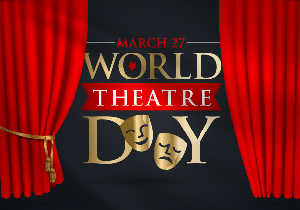 27 Mart Dünya Tiyatrolar Günü。翻译:3月27日，世界戏剧日，概念贺卡，用窗帘和场景用红丝绒窗帘，戏剧面具。模板,向量,插图。图片下载