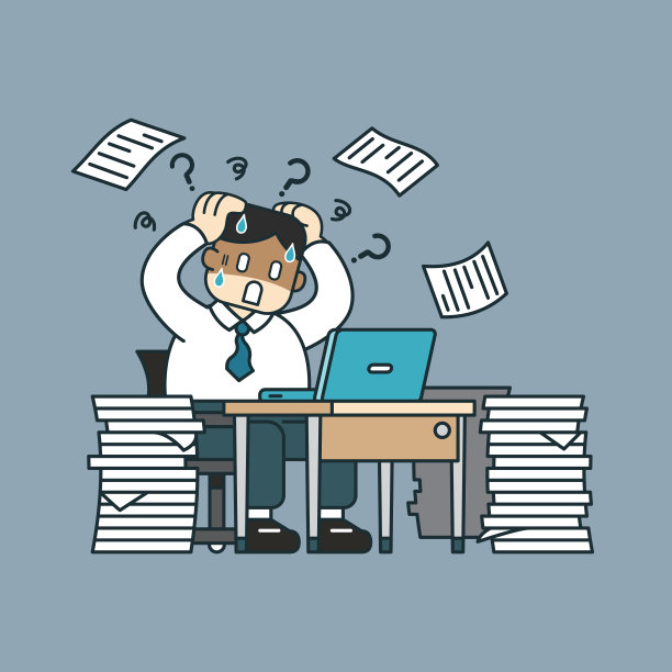 矢量卡通强调商人与文件坐在桌子上的办公室图片下载