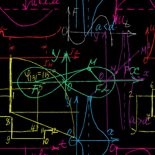 数学和几何的无缝模式，无尽的书写和绘制各种图形解决方案在黑板上。数学学科图形。大学讲座。向量。图片下载