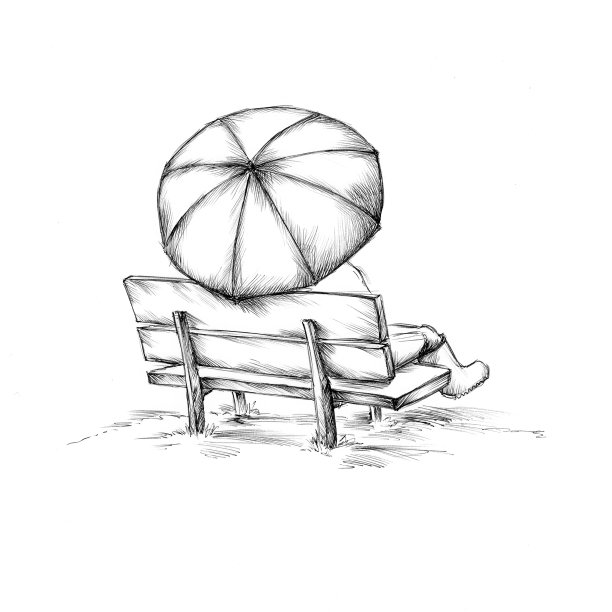 一个人撑着伞坐在公园长凳上的插图图片下载