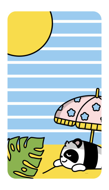 手机壁纸，instagram的故事。暑假里，可爱的小熊猫撑着伞在海滩上晒日光浴。条纹背景。卡哇伊贝尔图片下载