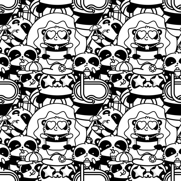 很多可爱的熊猫在海上暑假。矢量平面单色无缝模式在线性风格。图片下载