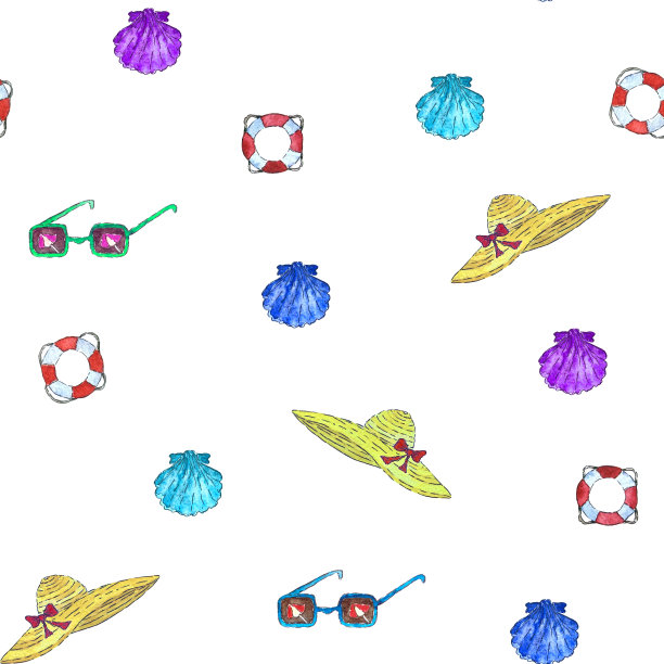 无缝水彩模式夏天的东西在白色的背景。手插图。图片下载