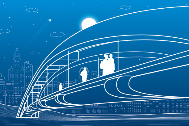 人们在人行桥上行走。城市的天际线。现代晚上小镇。基础设施插图，城市场景。蓝色背景上的白线。矢量设计艺术图片下载