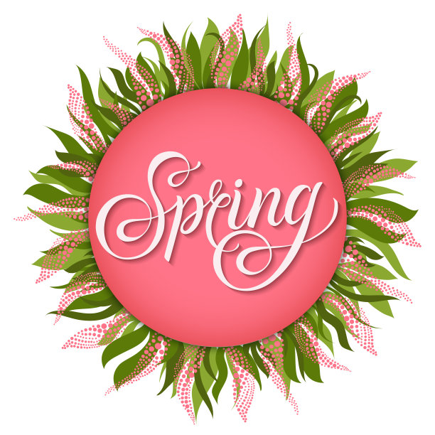 方形海报与手绘字体-春天在粉红色圈与圆形装饰性花卉设计的白色背景。图片下载