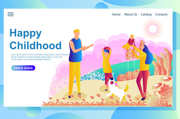 网页设计模板显示快乐的夫妇与孩子在草坪上玩耍。图片下载