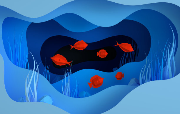 海底纸洞里有鱼、石头、海底有海藻、浪花。剪纸深风格3d渲染。深蓝海洋生物，潜水概念。海洋野生动物图片下载