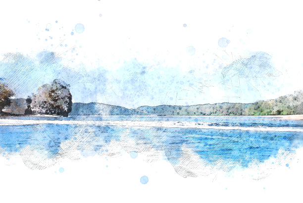 抽象的蓝色山脉和海在泰国的水彩插图绘画背景。图片下载