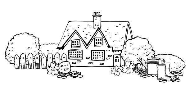 有园艺工具的欧洲古老的石头房子。矢量草图手绘插图。卡通轮廓的房子正面，栅栏，喷壶，靴子和植物图片下载