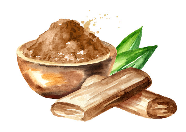 檀香或Chandan枝和粉末与绿叶。水彩手绘插图孤立的白色背景图片下载