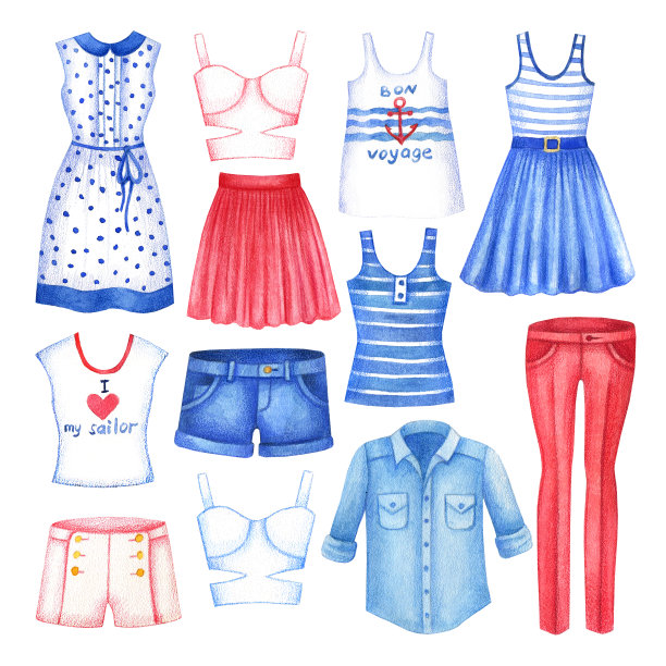 水彩夏季时装与女装集。手绘连衣裙，t恤，裤子，短裤，上衣，牛仔裤衬衫和裙子素材图片
