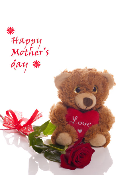 红色的心和玫瑰的泰迪熊-母亲节快乐图片下载