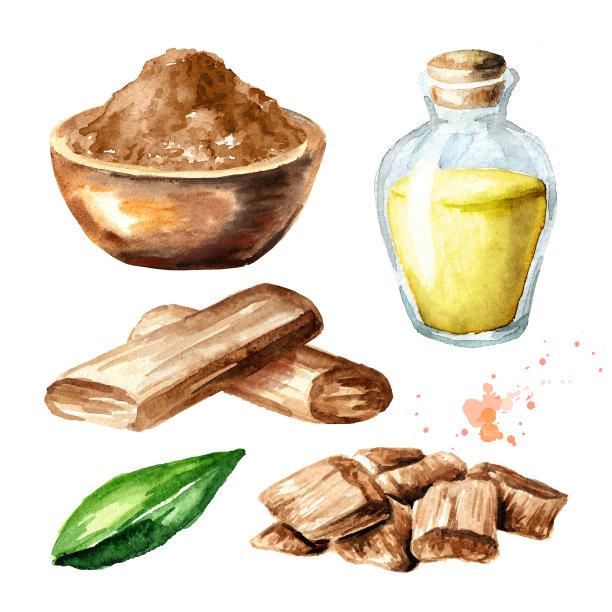 檀香或檀香套装。水彩手绘插图孤立的白色背景图片下载