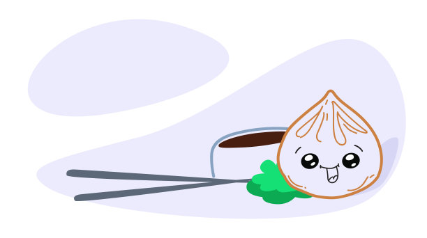 快乐煎饺配酱油、芥末和筷子，是传统亚洲厨房概念，卡哇伊风格水平图片下载