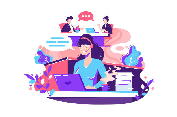 扁平的年轻女员工在办公室内打电话。图片下载