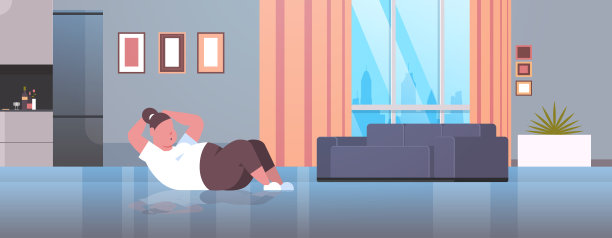 胖胖女人做压腹练习女孩训练锻炼减肥概念现代公寓客厅室内水平长度图片下载