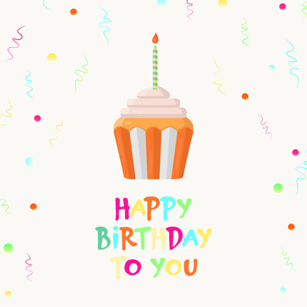 矢量插图纸杯蛋糕与蜡烛，纸屑和文字祝你生日在白色的背景。图片下载