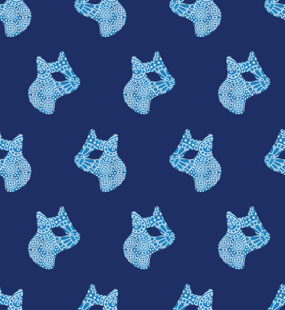 佩斯利猫蓝色无缝图案北欧设计风格图片下载