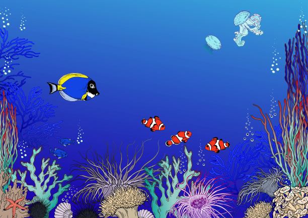 色彩斑斓的珊瑚礁与水下生物，小丑鱼，水母，珊瑚和海藻。图片下载