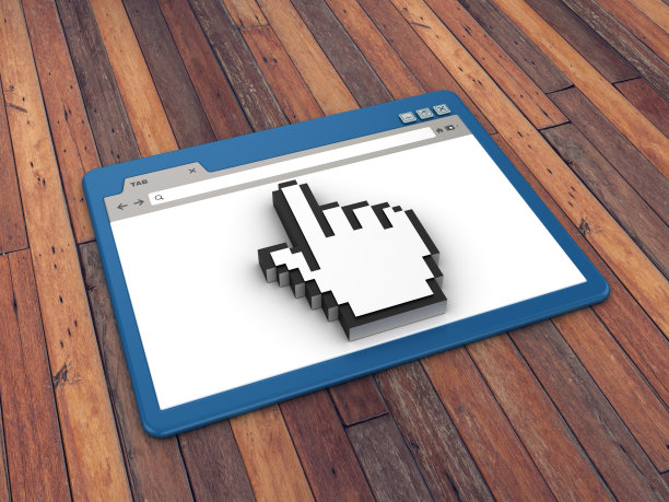 网页浏览器与手光标木地板背景- 3D渲染图片下载